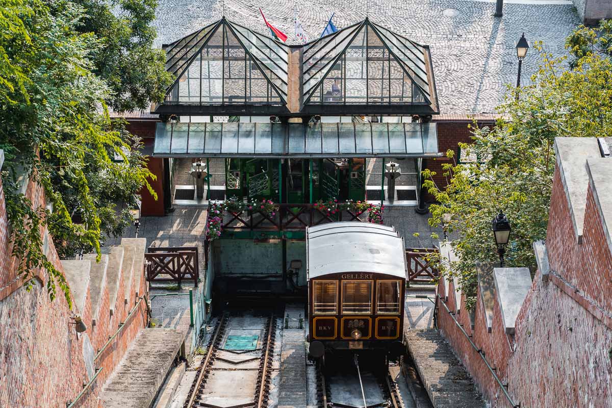 Brown cable car in Budapest that takes you up to the Buda Castle