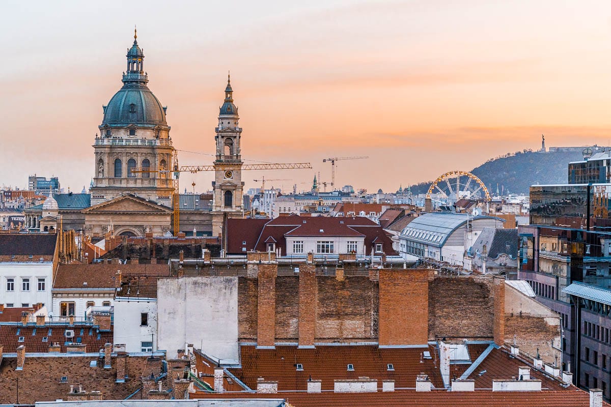 Sunset view from Intermezzo Roof Terrace with the St. Stephan's Basilica in the background in Budapest