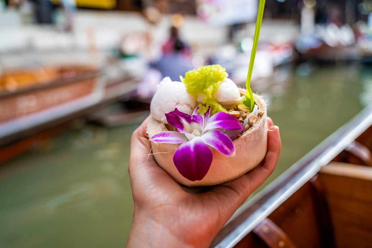 Coconut ice cream at the Damnoen Saduak Floating Market in Bangkok