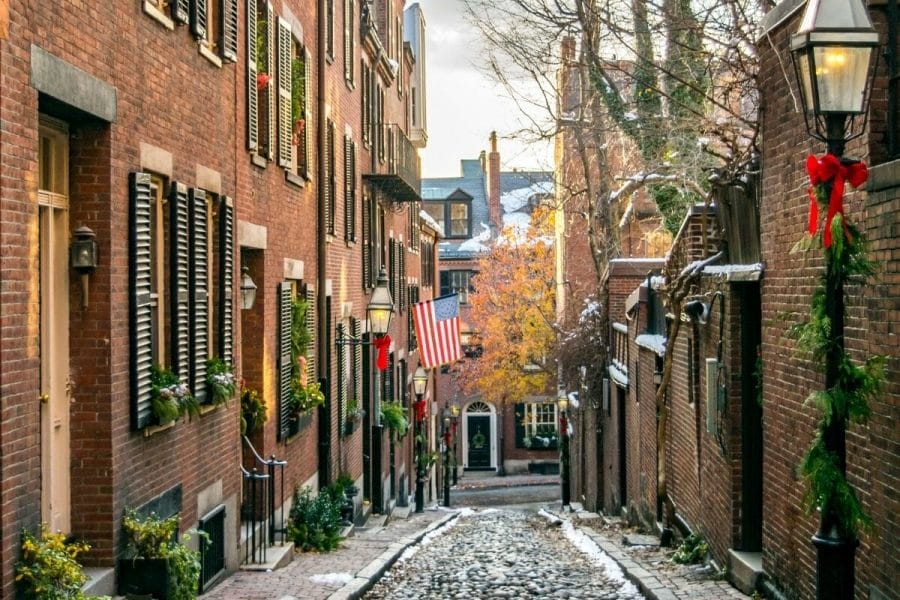 Acorn Street at Christmas in Boston, USA