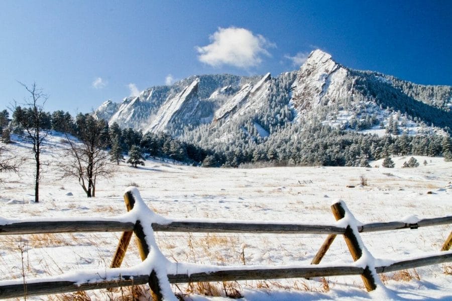 Boulder Flatirons in winter, USA
