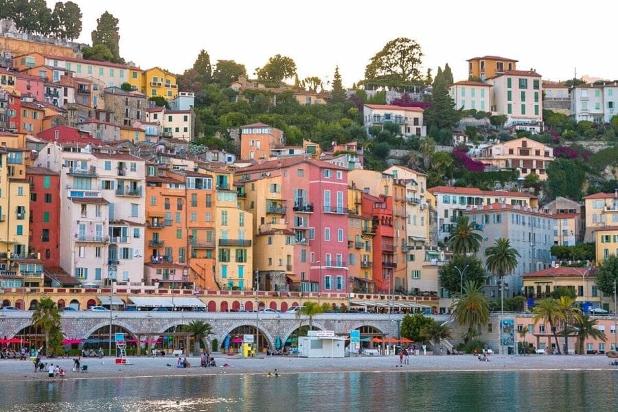 Colorful houses by the beach in Menton, France