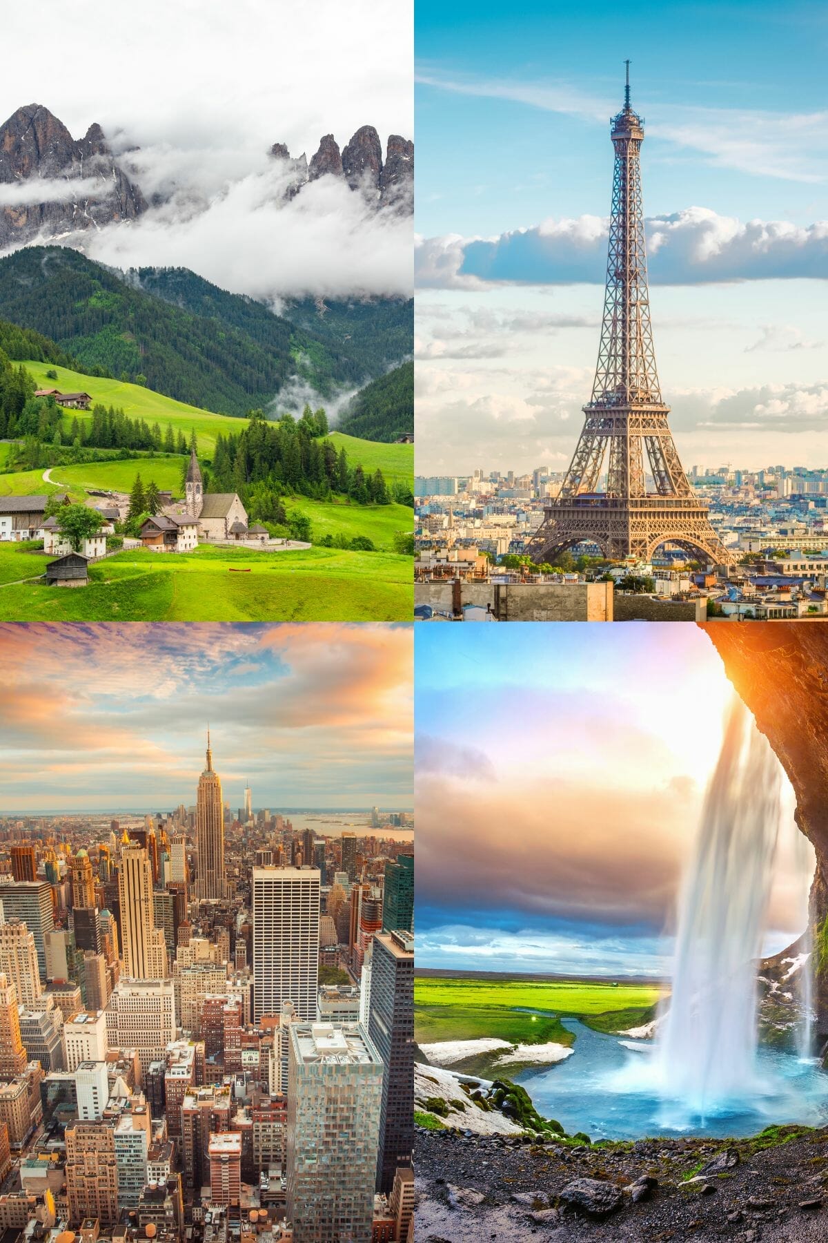 Dream Destinations of the World - Church in the Dolomites, Eiffel Tower, NYC skyline, and waterfall in Iceland