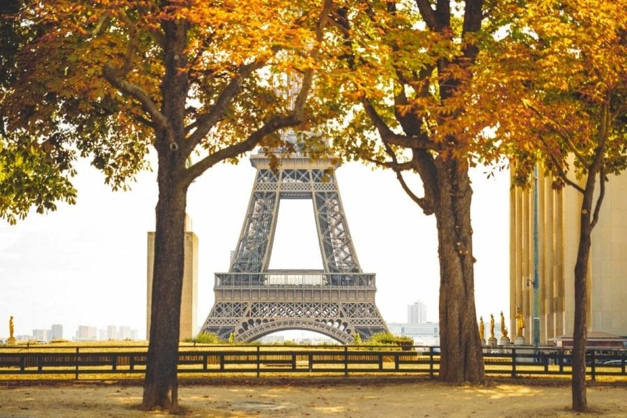 Eiffel Tower in autumn with colorful trees in the foreground