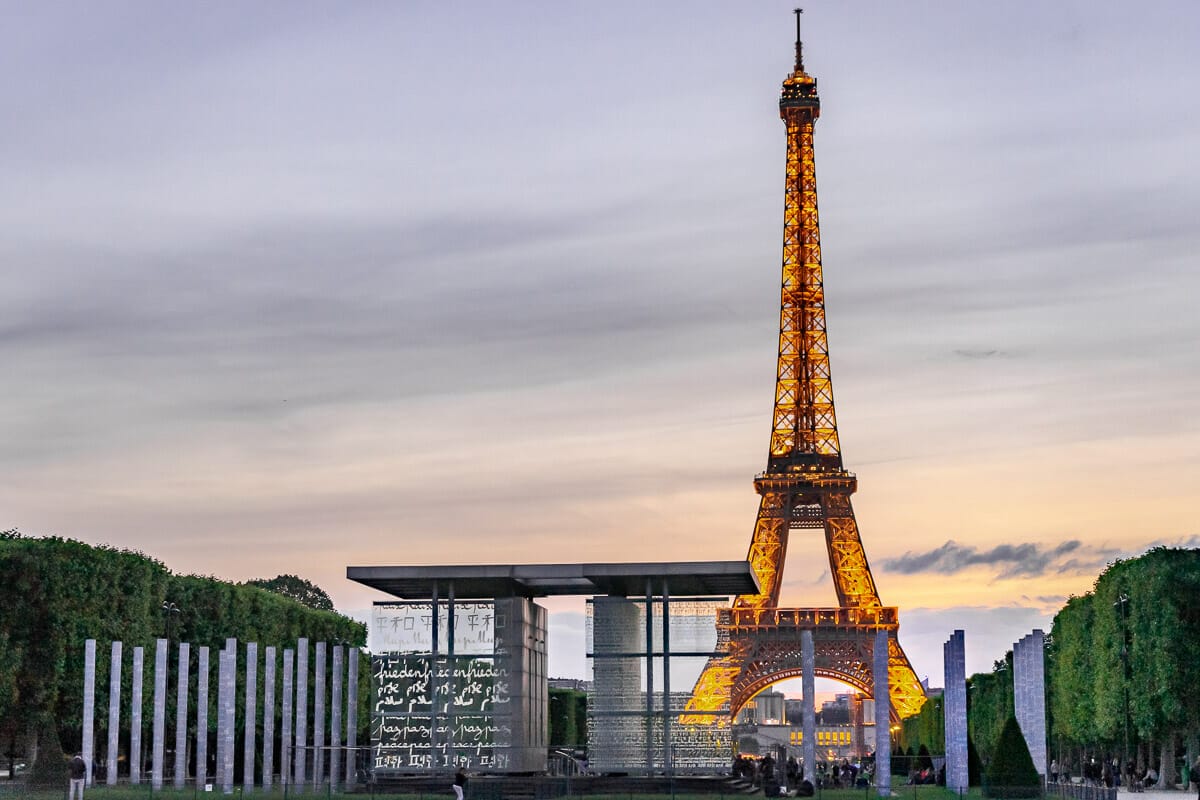 View of the Eiffel Tower from Champ de Mars in Paris