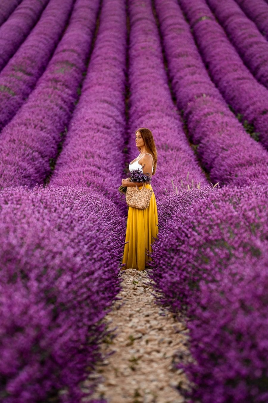 Girl in a yellow skirt standing in the endless lavender fields in Provence