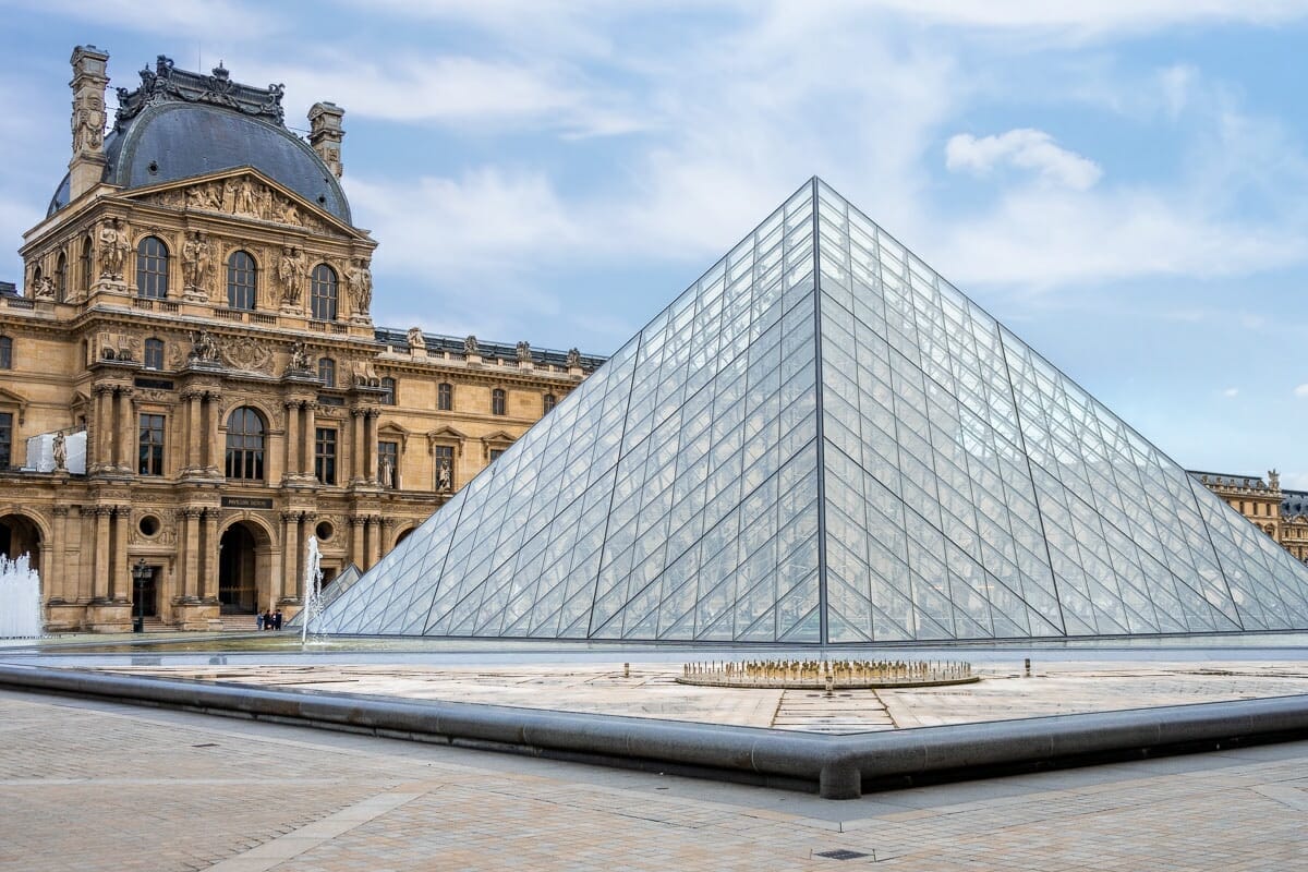 The courtyard with the glass pyramids at Musée du Louvre in Paris