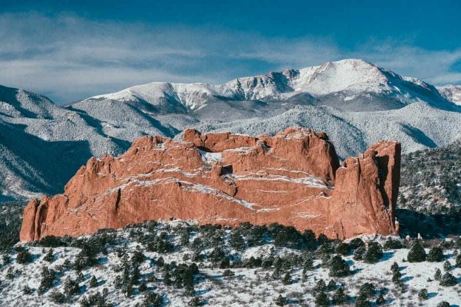 Pikes Peak in Colorado Springs during winter in the USA