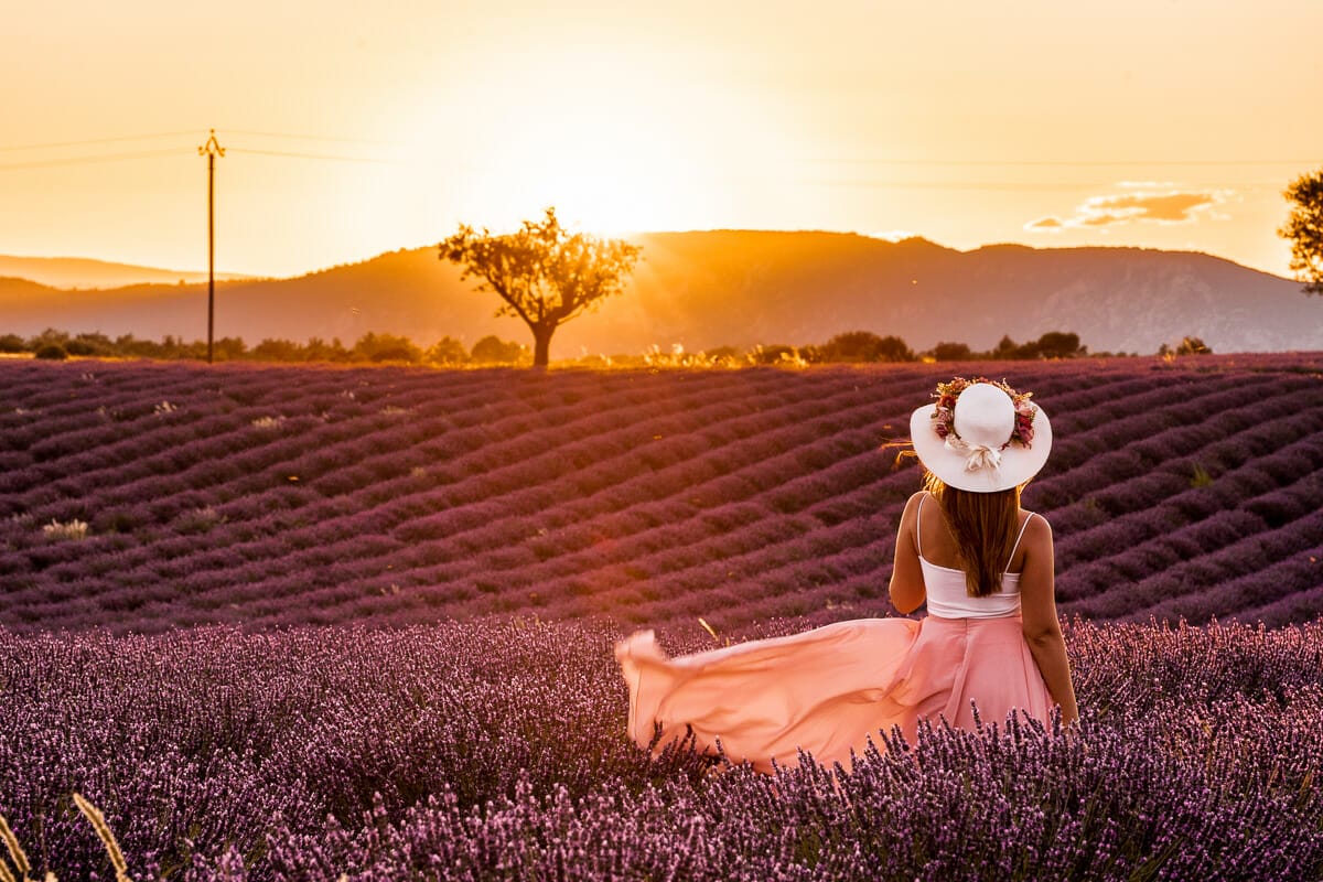 Girl in a pink skirt standing in the lavender fields in Provence at sunset