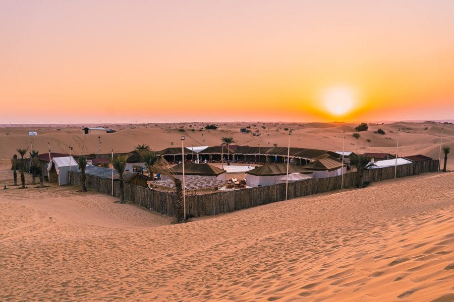 Beduin camp in Dubai Desert at sunset