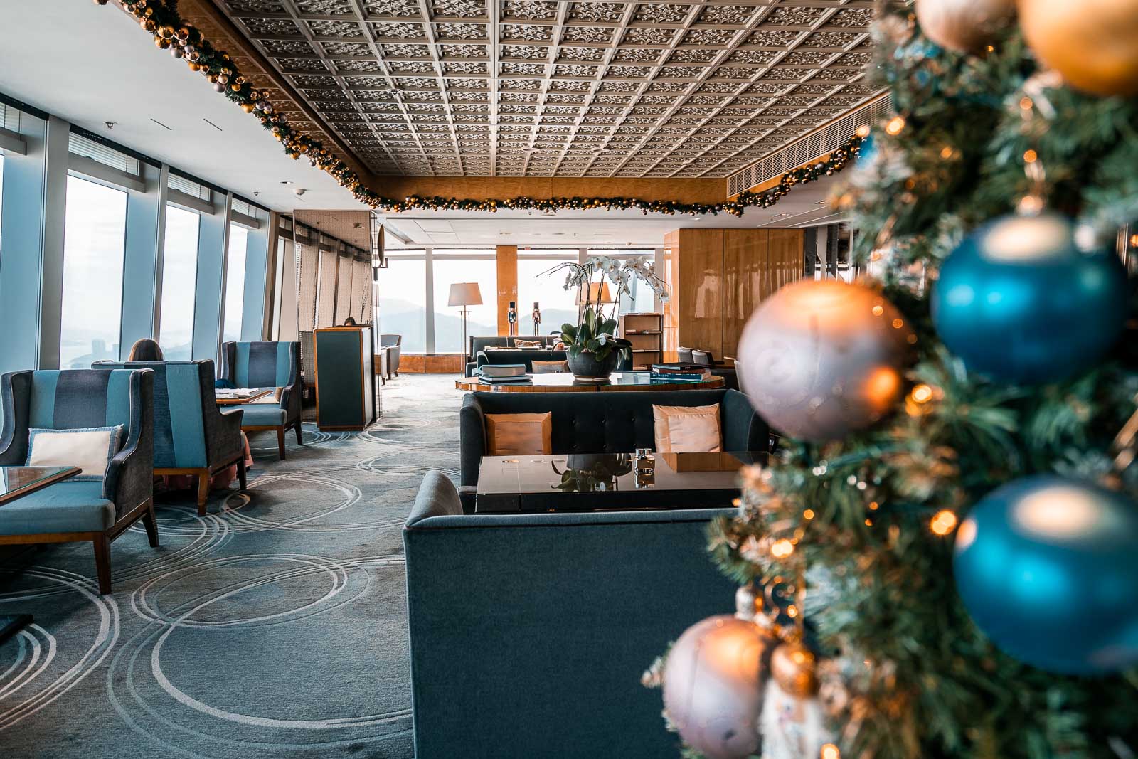 Club lounge on the 116th floor with Christmas decoration
