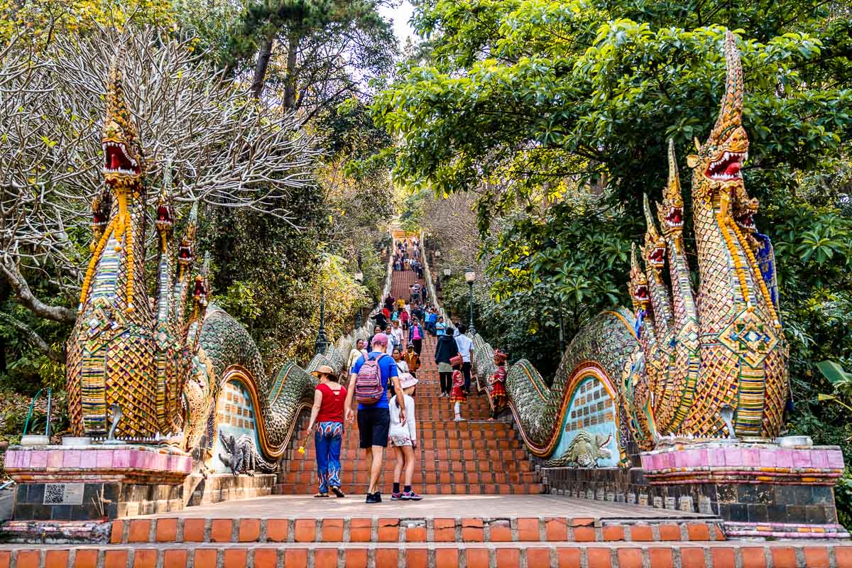 Staircase flanked by saga at Doi Suthep Temple in Chiang Mai