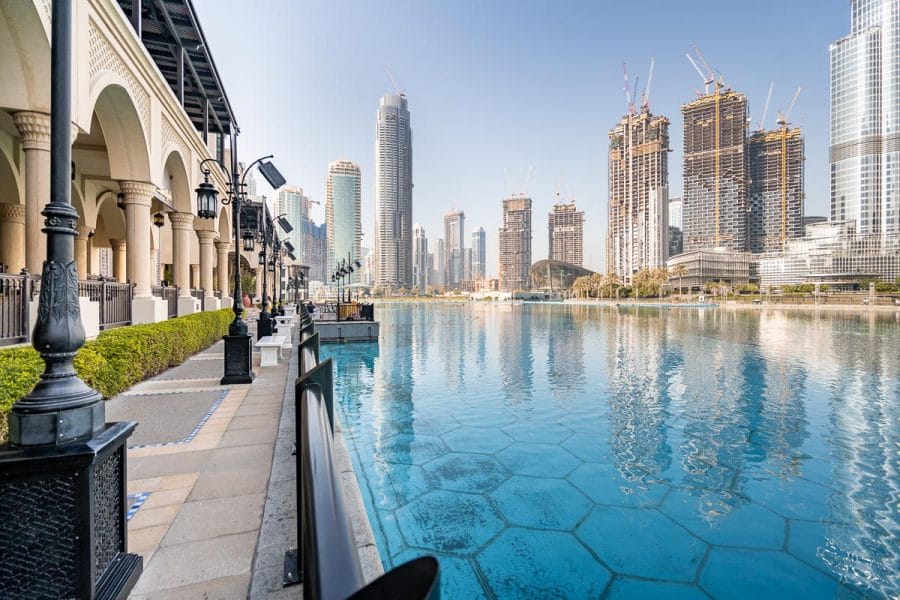 View of the skyscrapers and a pool from Dubai Downtown