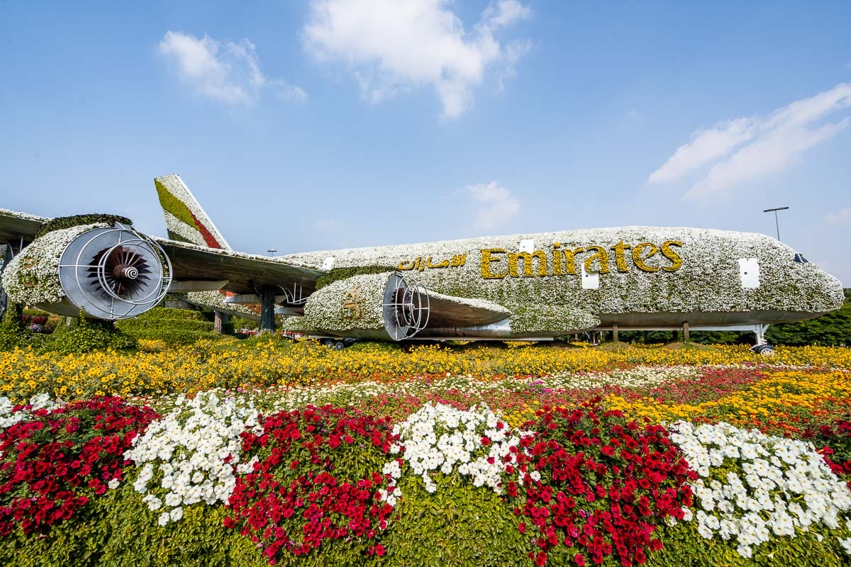 Emirates airplane made by flowers in the Dubai Miracle Garden