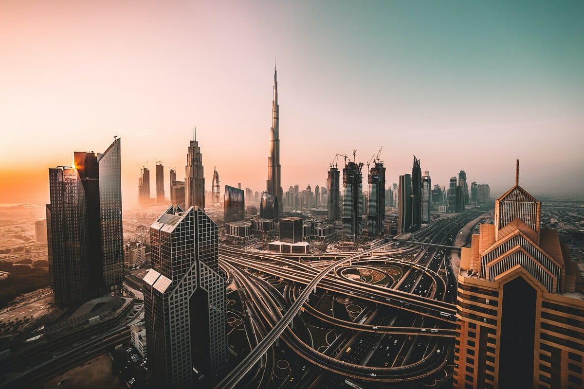 View of the Dubai skyline at sunset