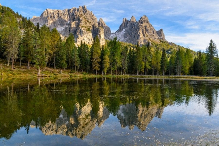 Beautiful reflection on Lago d'Antorno, one of the best lakes in the Dolomites