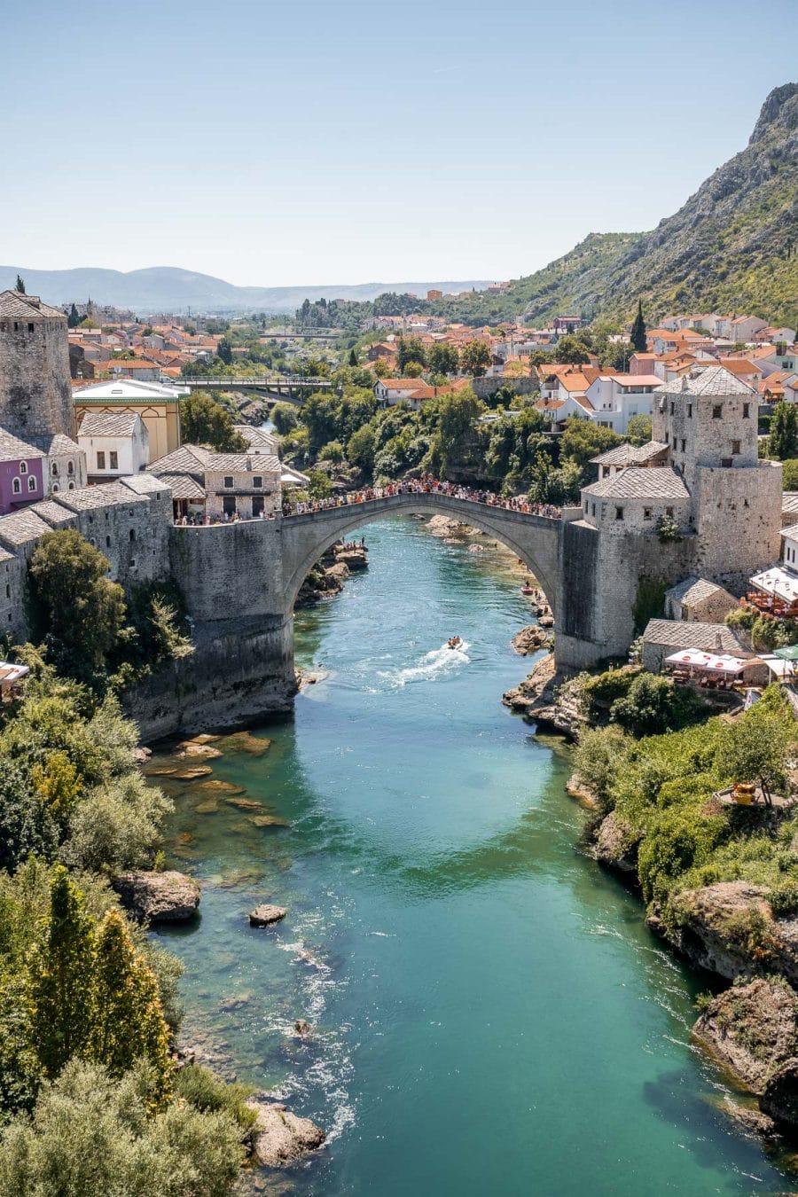View of the Stari Most (Old Bridge) and the city of Mostar in Bosnia-Herzegovina
