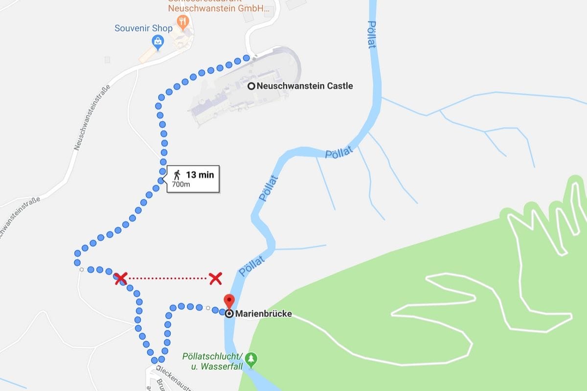Map for how to find the best viewpoint at Neuschwanstein Castle