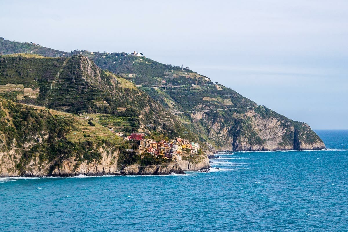 Panoramic view of Corniglia in the distance in Cinque Terre, Italy