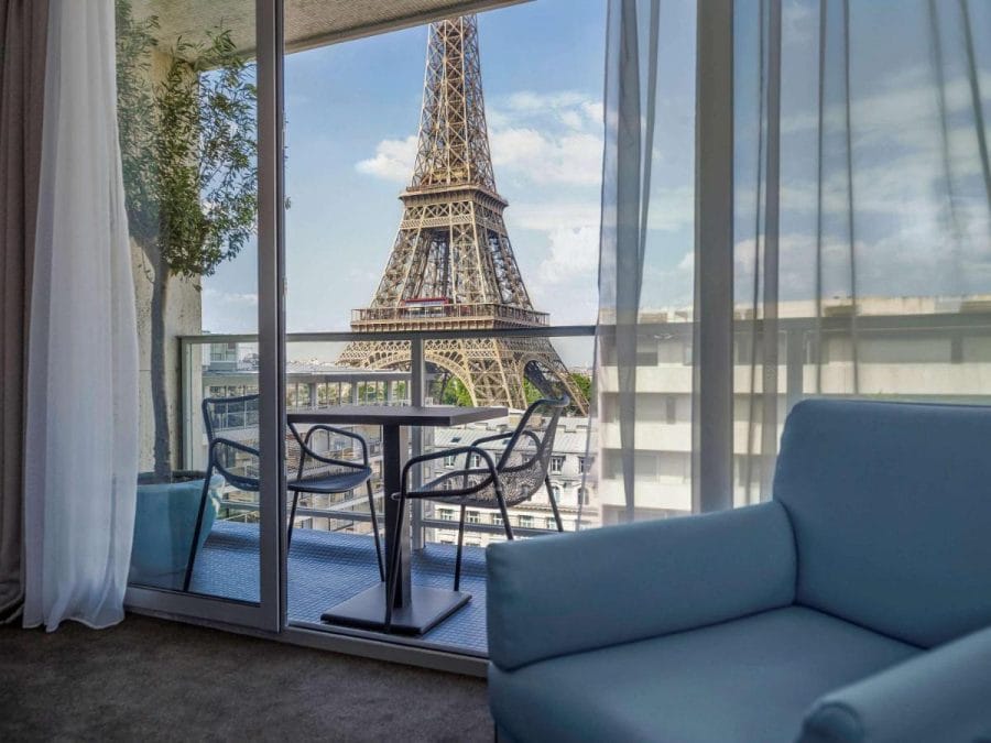 Room with balcony at Pullmann Paris Tour Eiffel hotel overlooking the Eiffel Tower