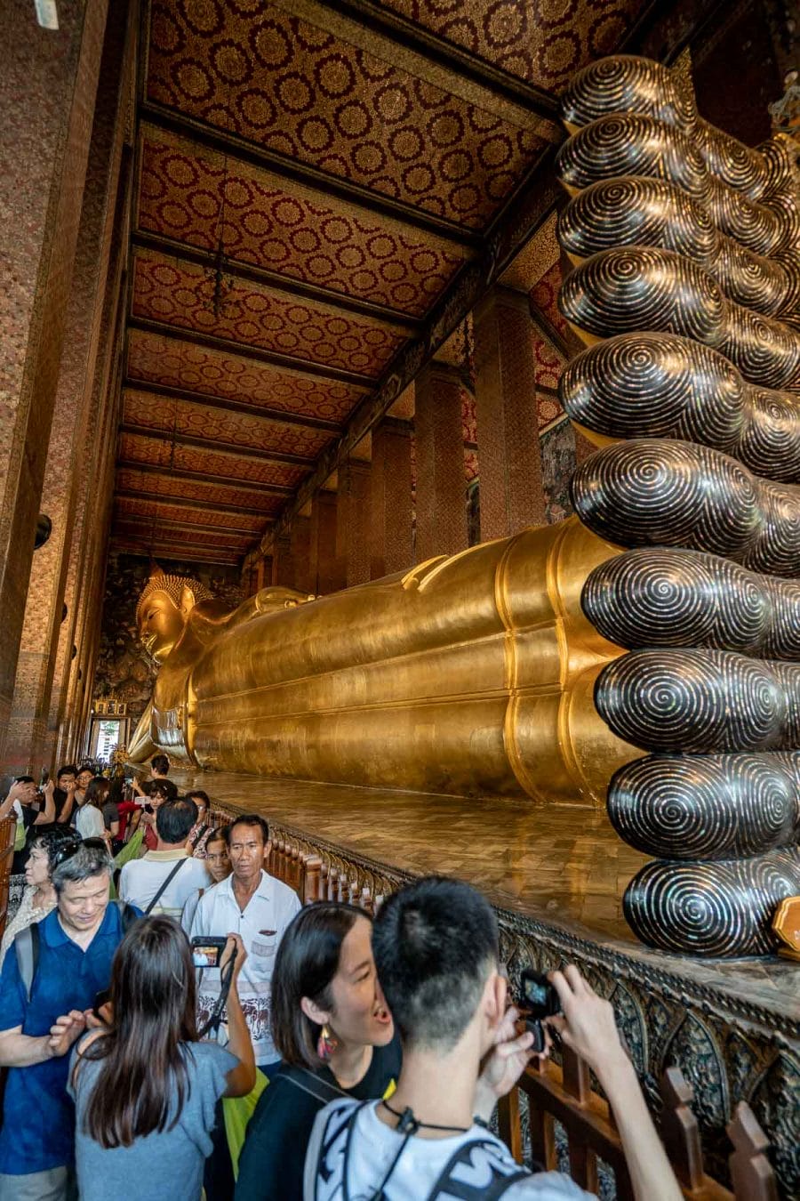 The huge reclining Buddha statue at Wat Pho in Bangkok