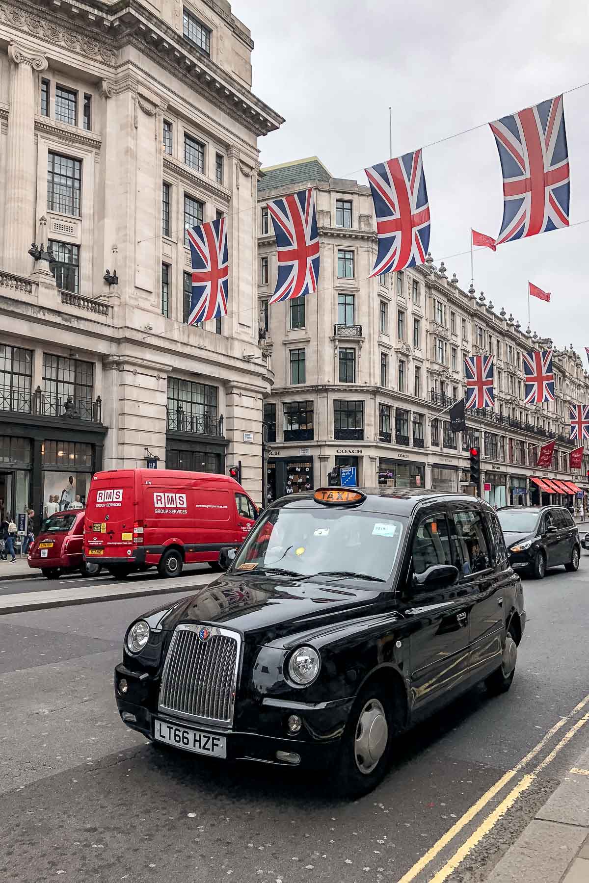 Black taxi on the Regent Street in London