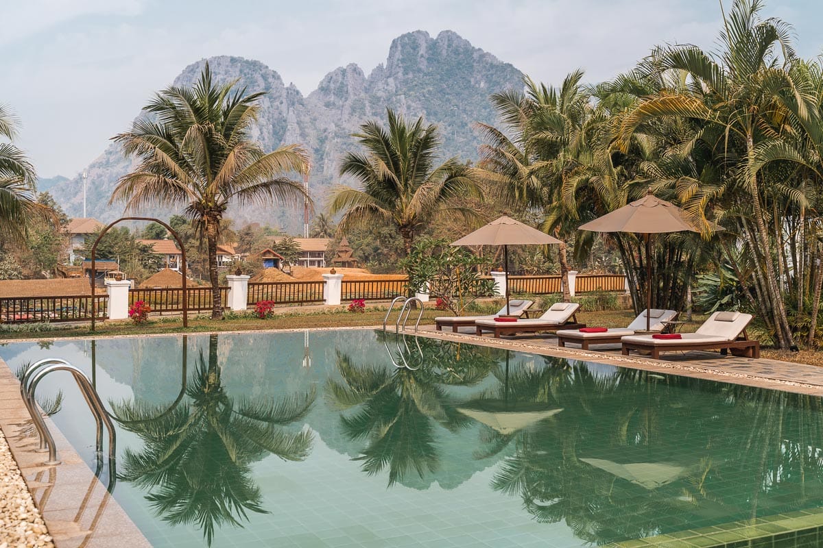 Pool area at the Riverside Boutique Resort Vang Vieng