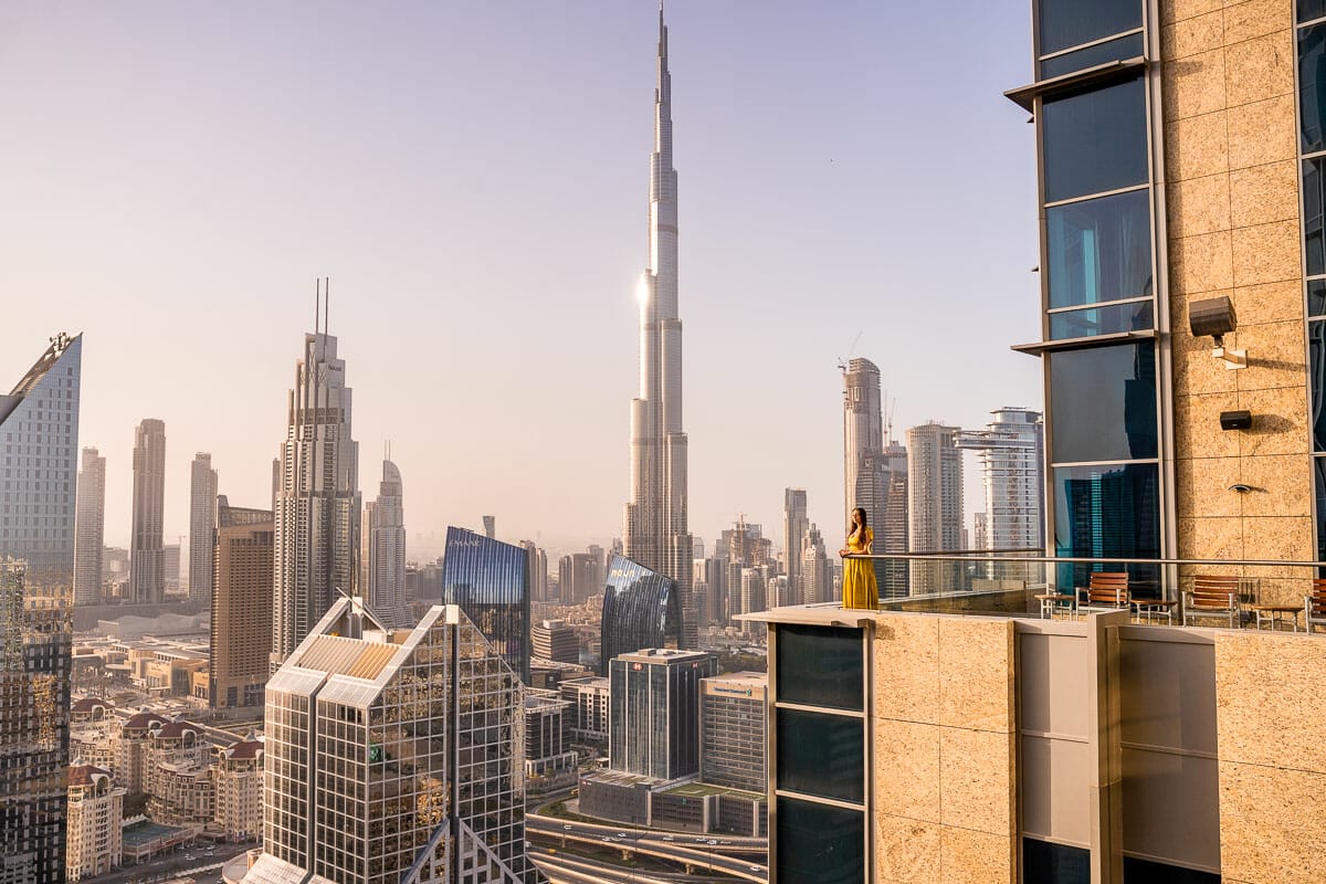 Girl in yellow dress on the Shangri La Dubai Terrace