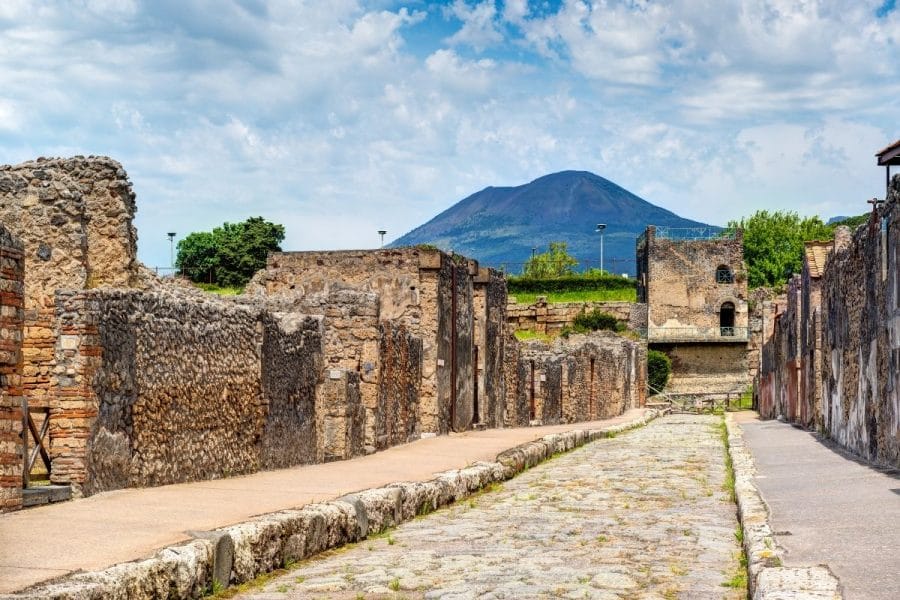 Street in Pompeii overlooking the Vesuvius