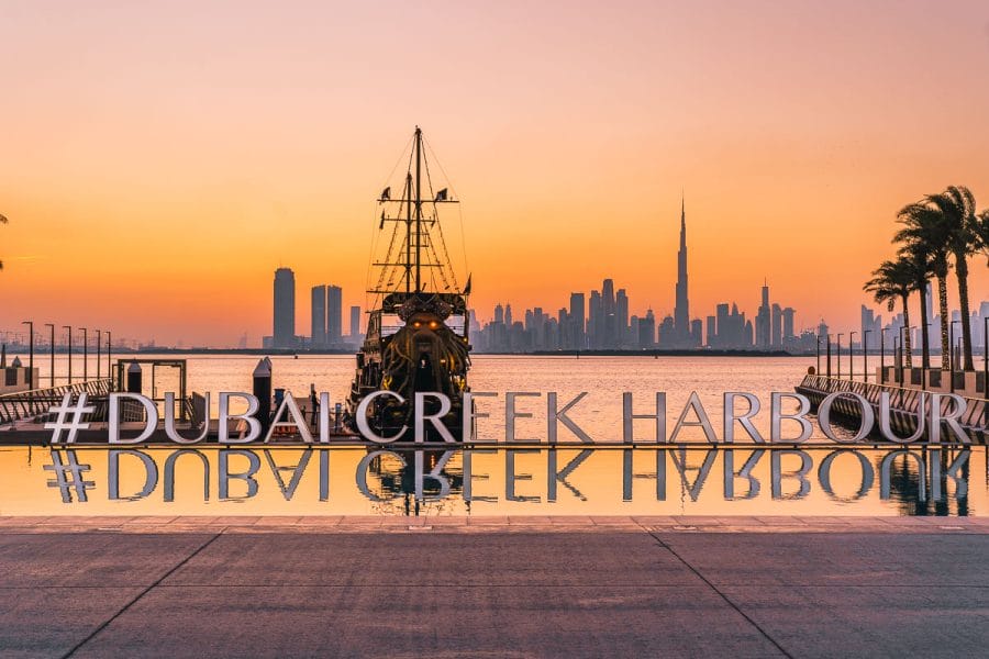Sunset at the Dubai Creek Harbour with the Dubai skyline in the background