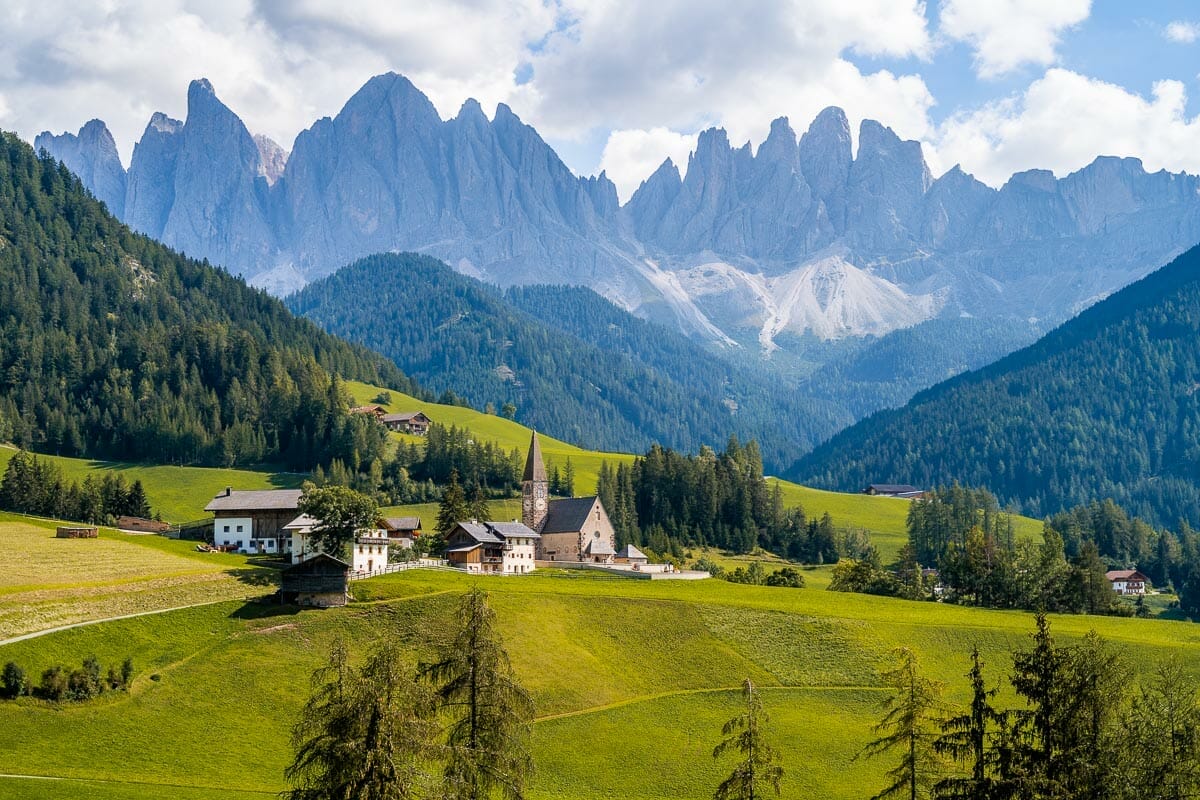 View of Santa Maddalena Church in Val di Funes, Dolomites