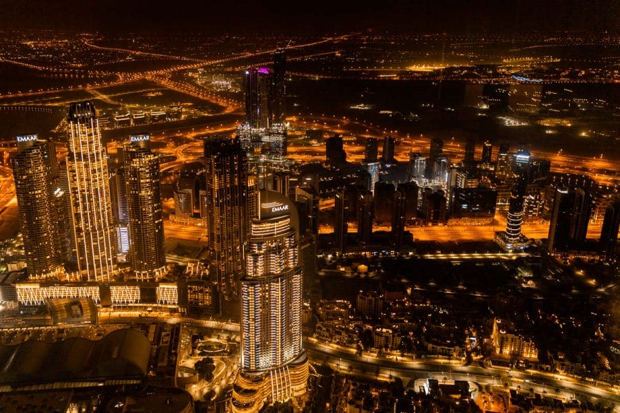 View of the Dubai skyline from the Burj Khalifa at night