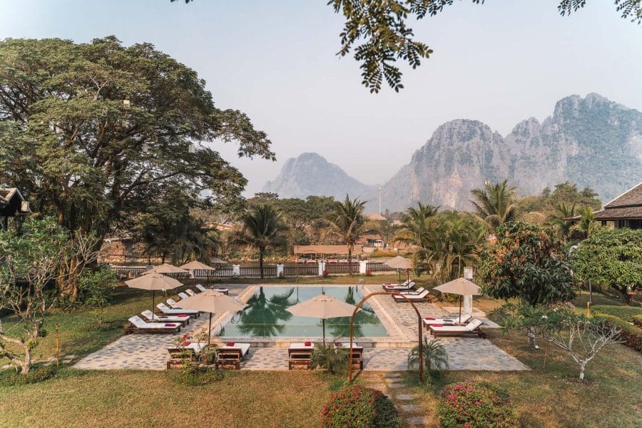View from the terrace at Riverside Boutique Resort Vang Vieng