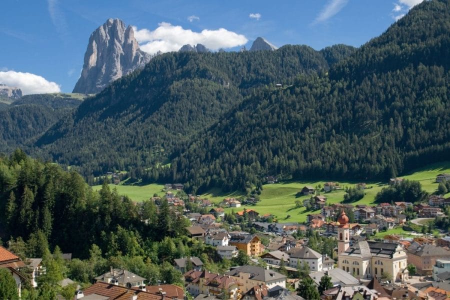 View of the town of Ortisei in Van Gardena, Italy