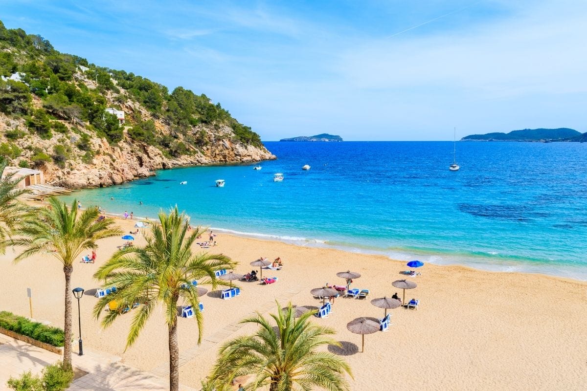 Beautiful white sandy beach at Cala San Vicente in Ibiza