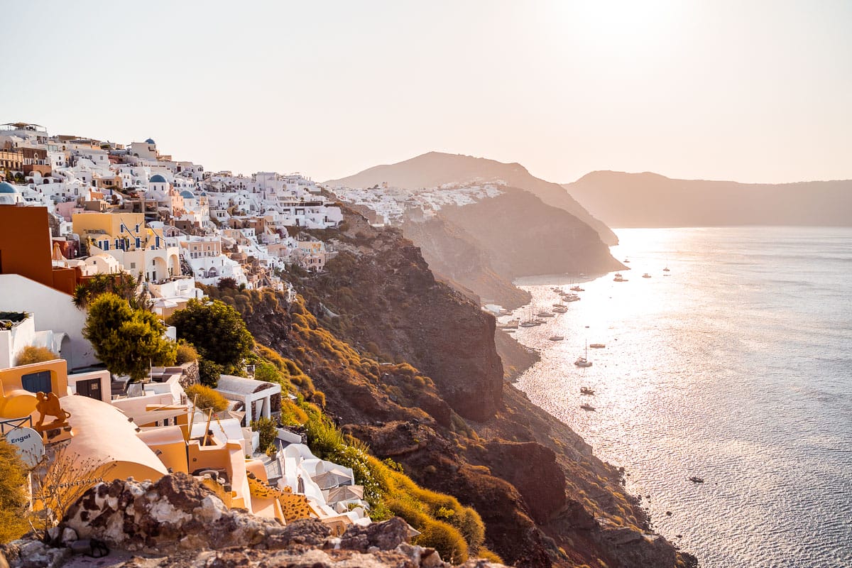 View of the caldera at sunrise from Oia Castle in Santorini