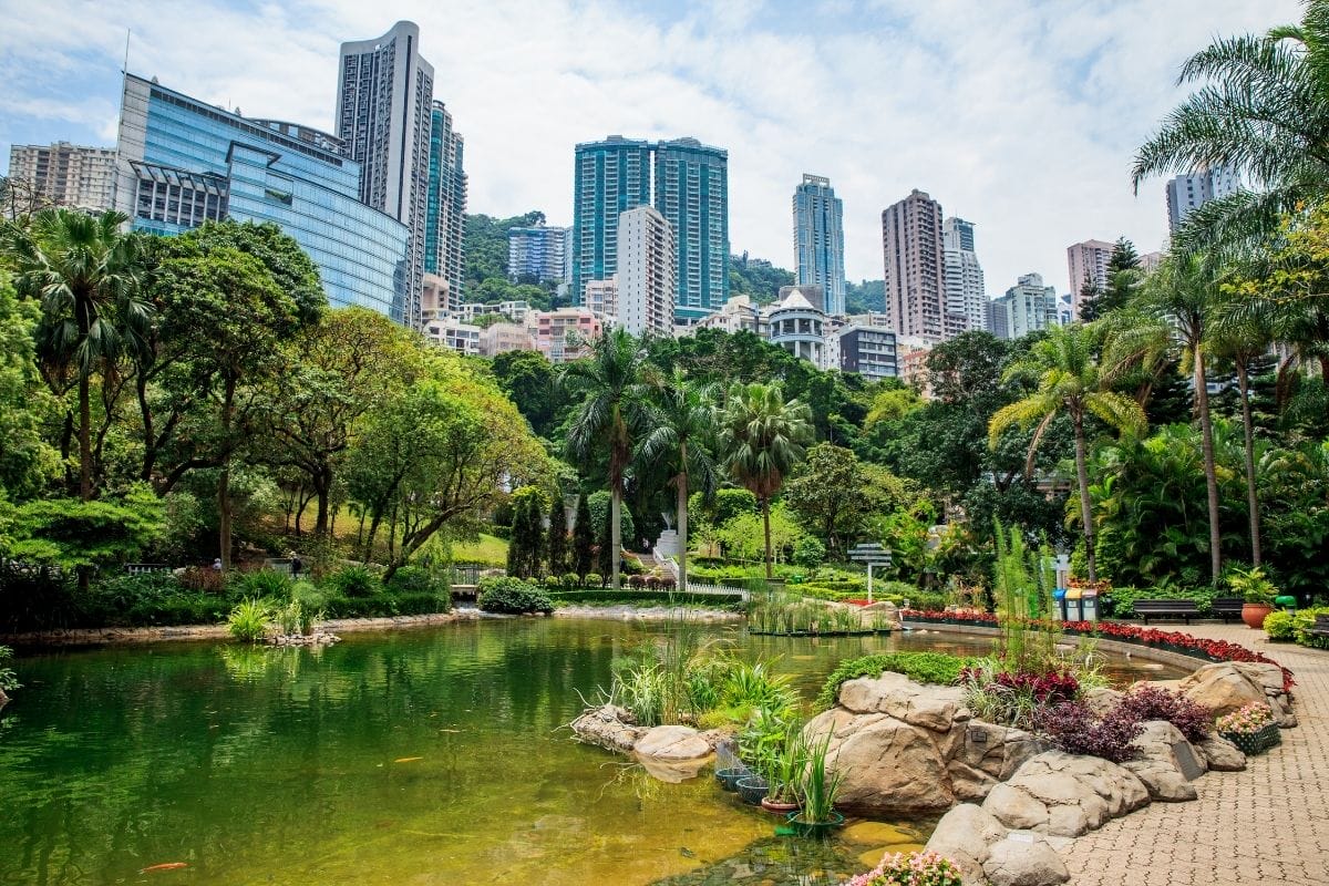 Hong Kong skyline and pond at Hong Kong Park