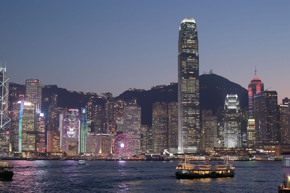 View of Hong Kong island at night from Tsim Sha Tsui waterfront
