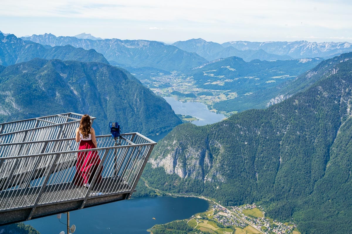 Girl in a red skirt on the 5 Fingers Viewing Platform, Austria