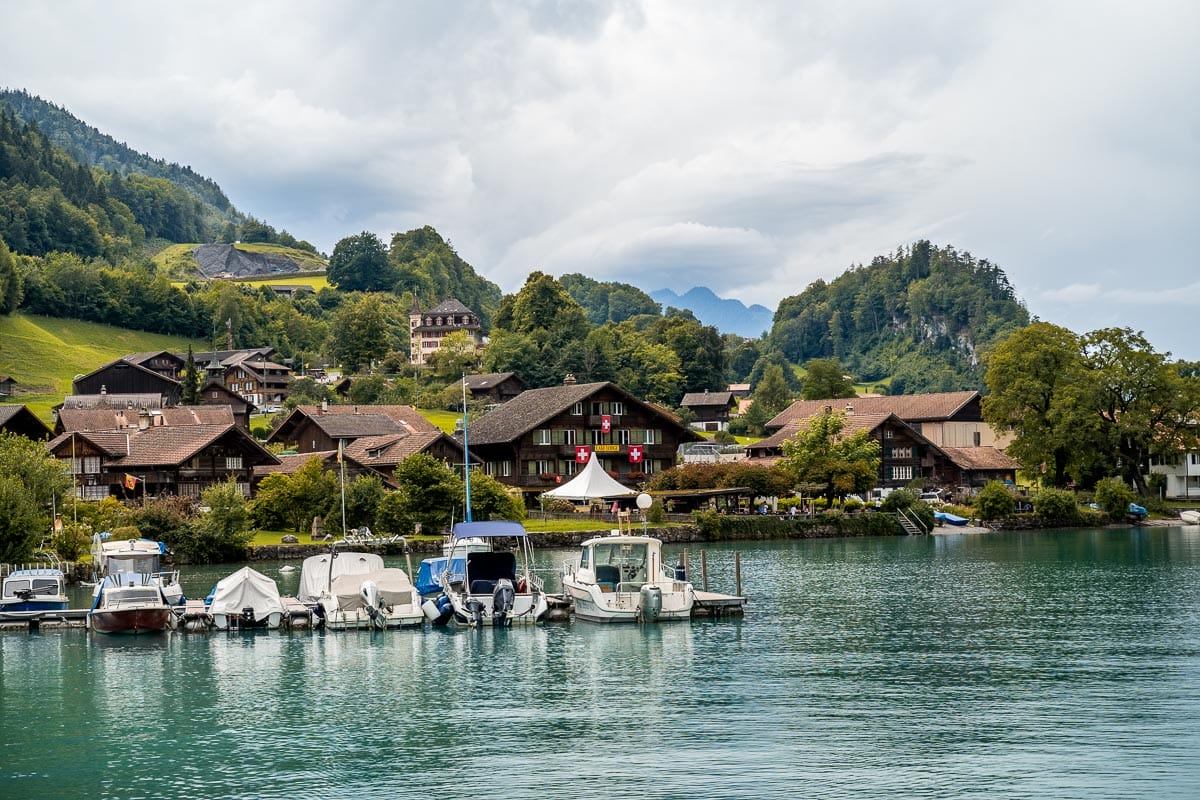Boats and wooden houses at Lake Brienz, Switzerland
