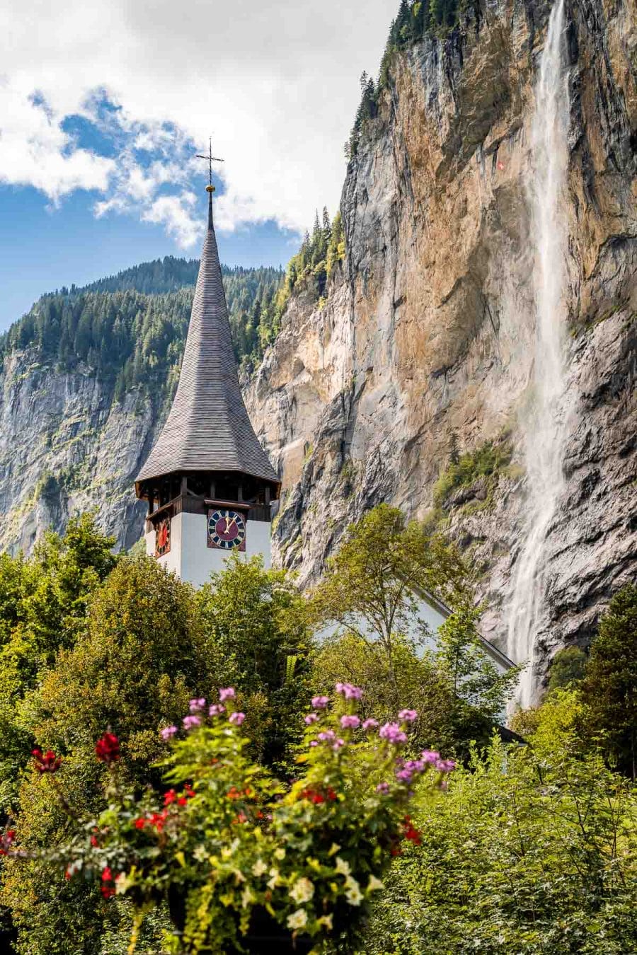 Church and waterfall in Lauterbrunnen, Switzerland