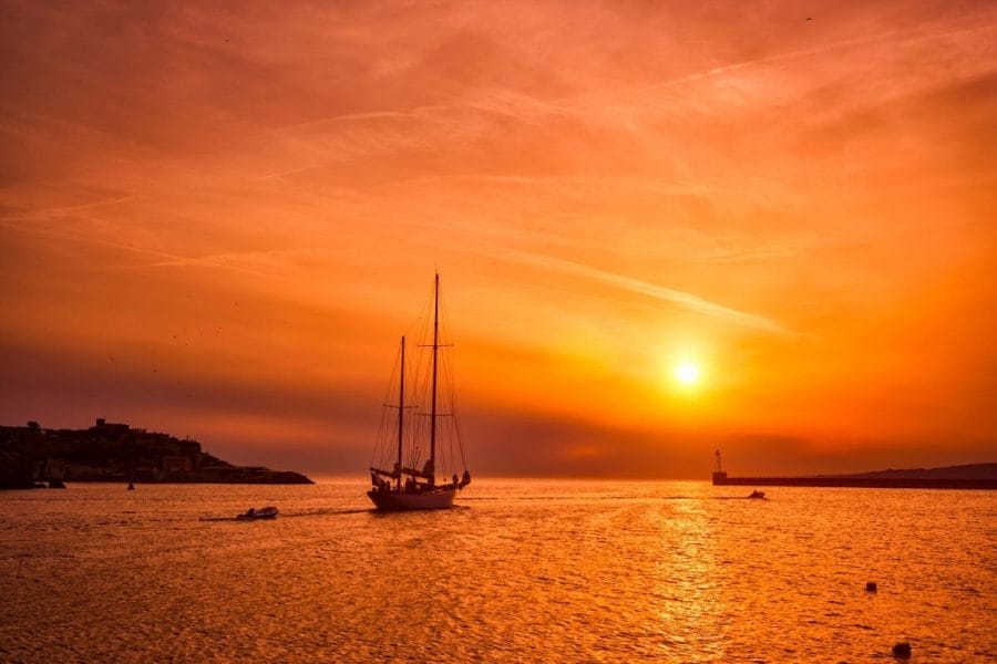 Sailboat at sunset in Marseille, France