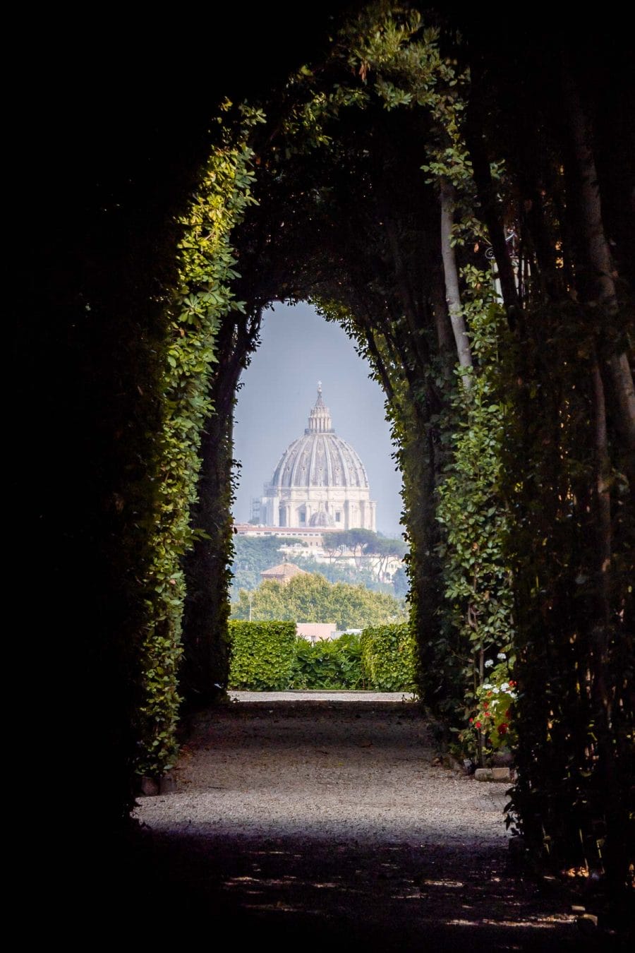View through the Aventine Keyhole in Rome, Italy