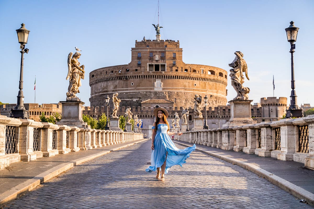 Girl in a blue dress in front of Castel Sant' Angelo, Rome