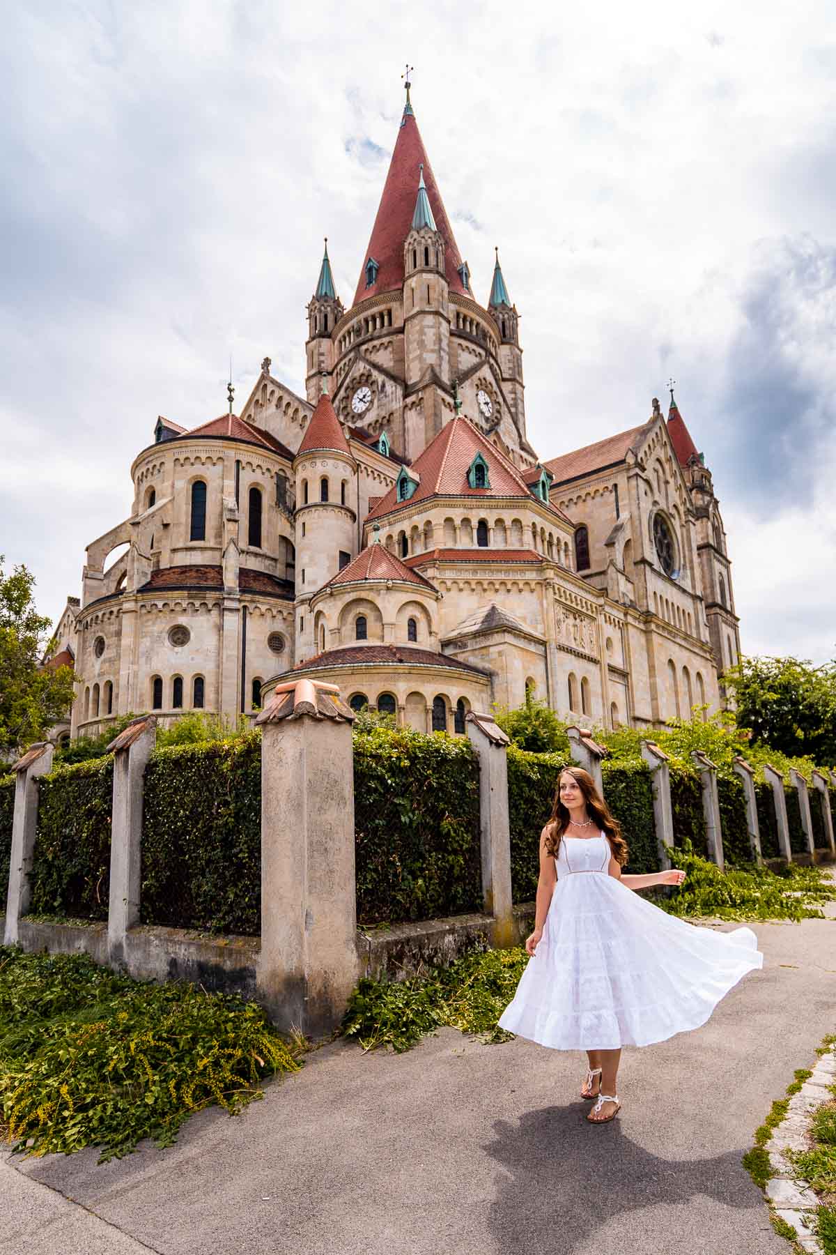 Girl in front of St. Francis of Assisi Church in Vienna