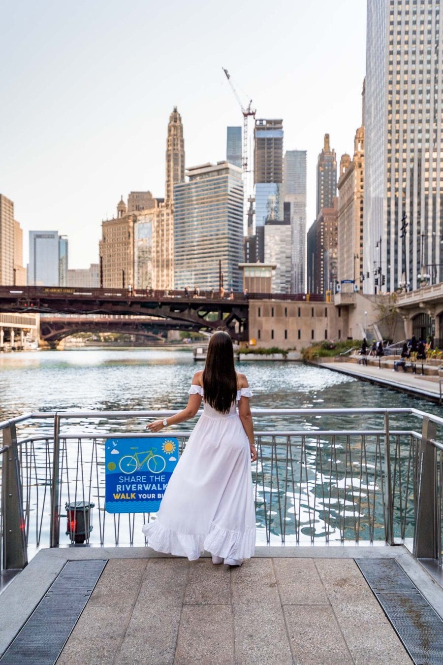 Girl in white dress at the Chicago Riverwalk
