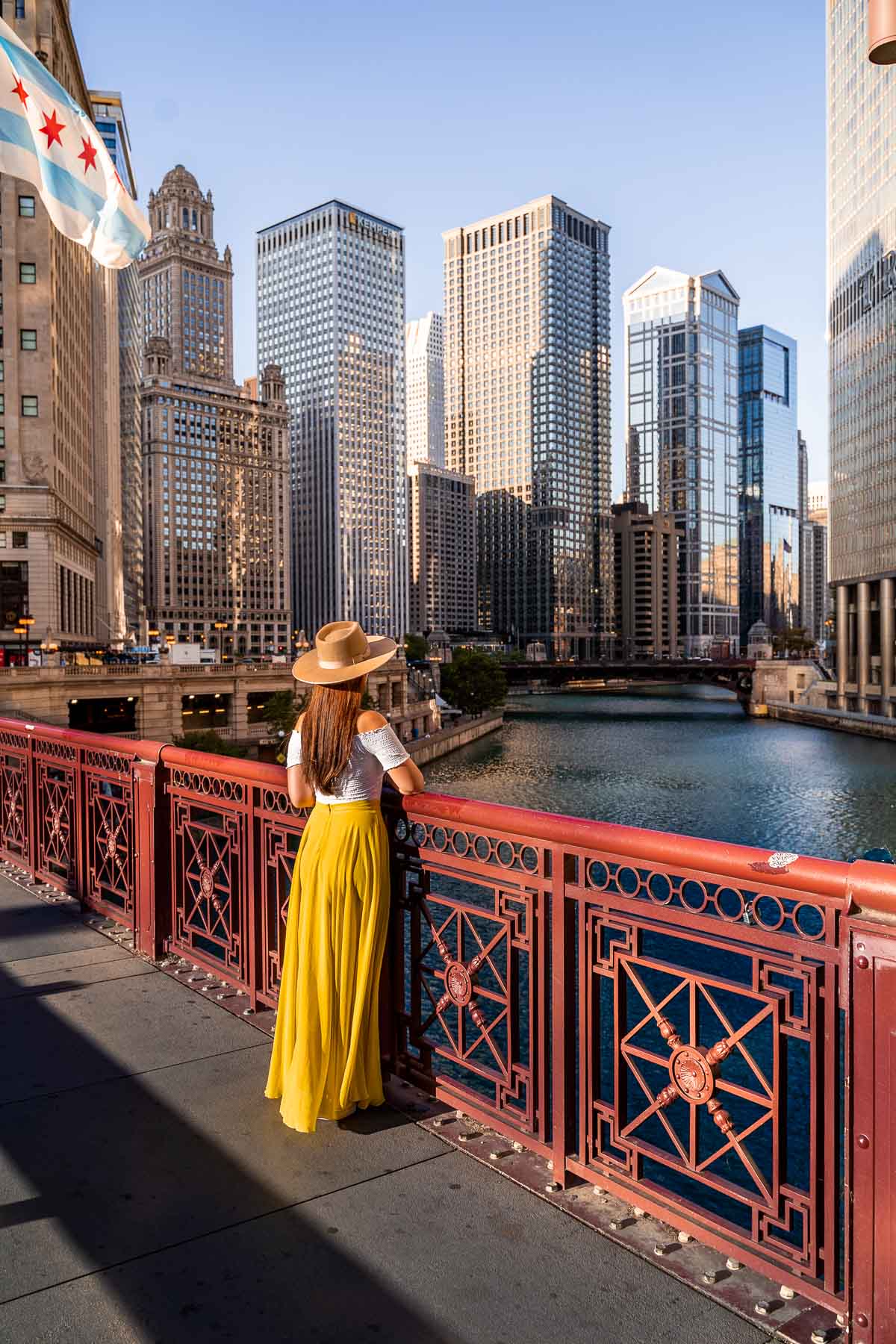Girl in yellow dress at DuSable Bridge in Chicago