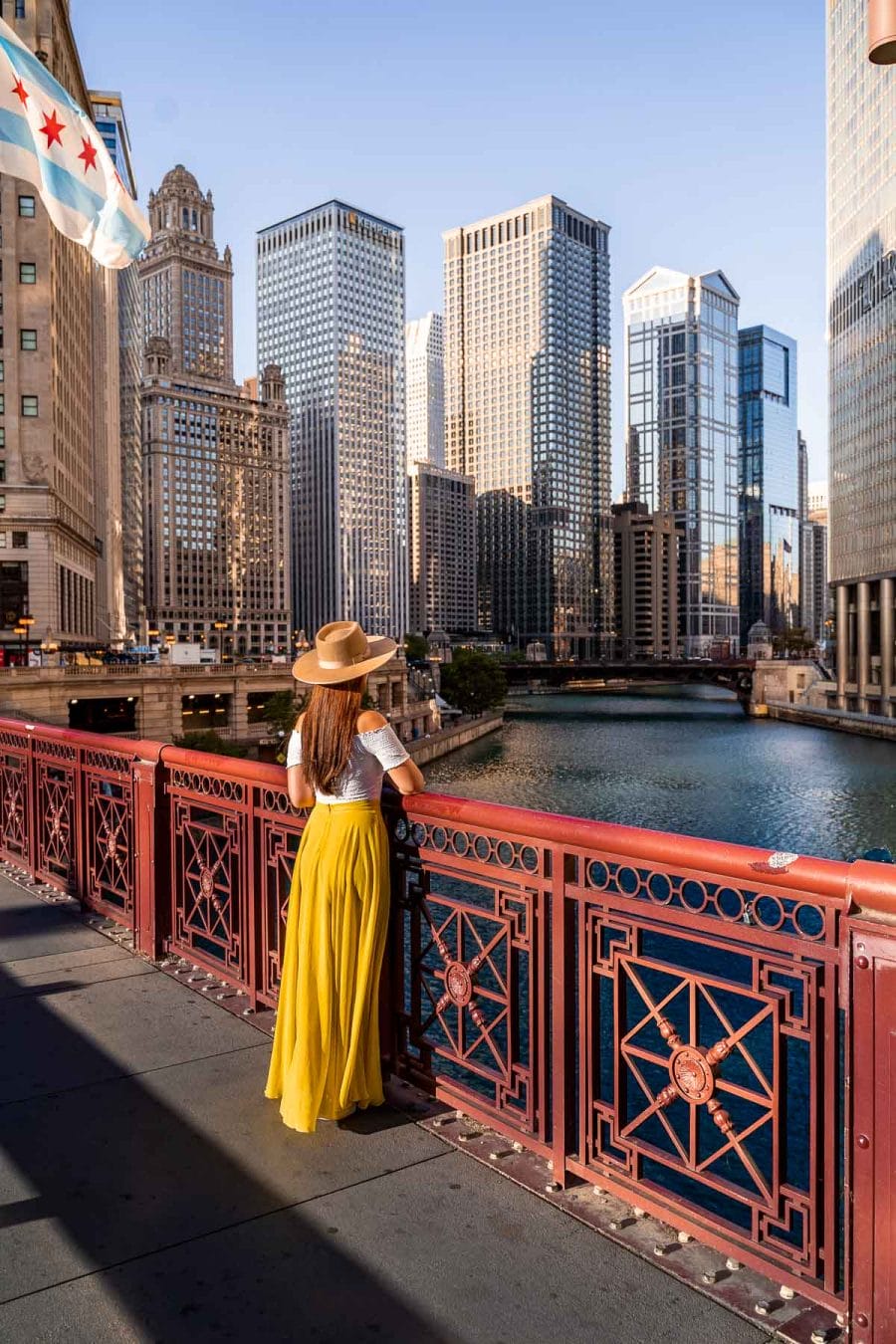 Girl in yellow dress at DuSable Bridge in Chicago