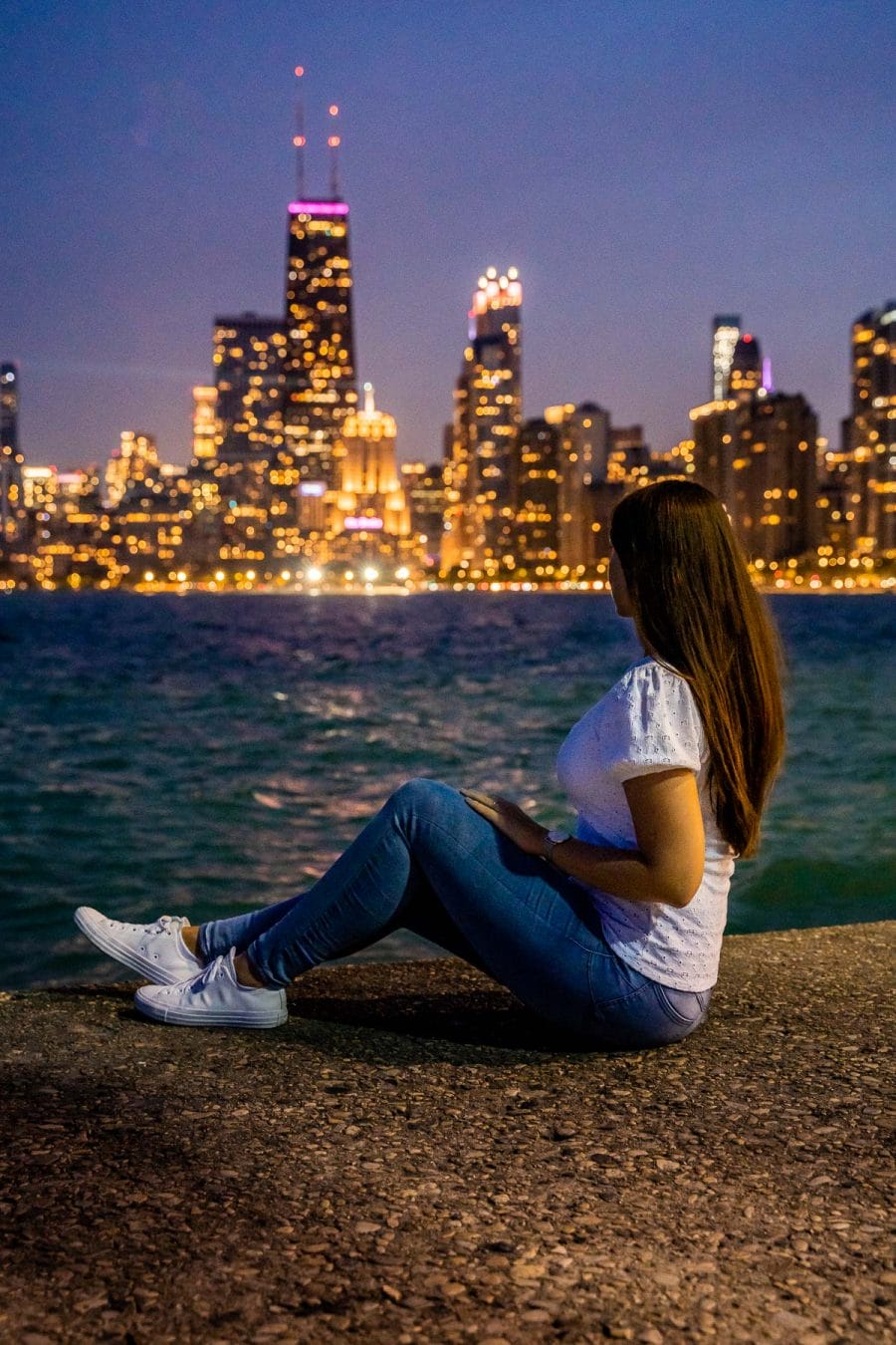 North Avenue Beach at night with girl in the foreground