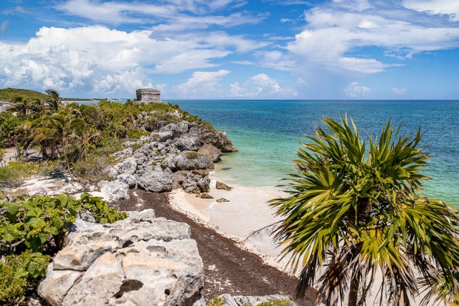 Beautiful panoramic view of the beach and the sea at Tulum ruins